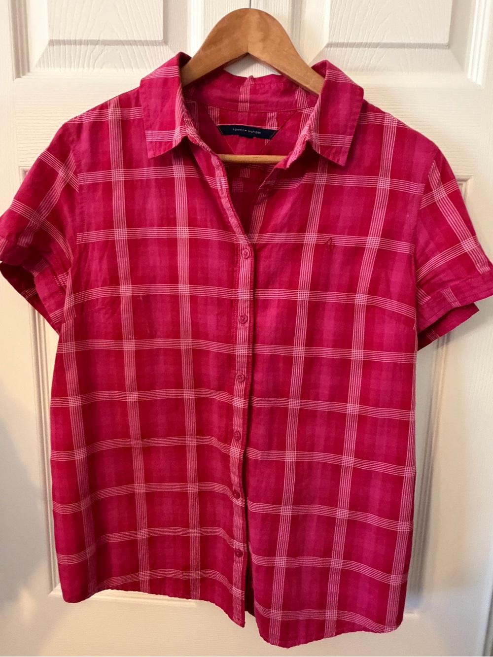 Tommy Hilfiger Pink Plaid Short Sleeve Button Down Shirt